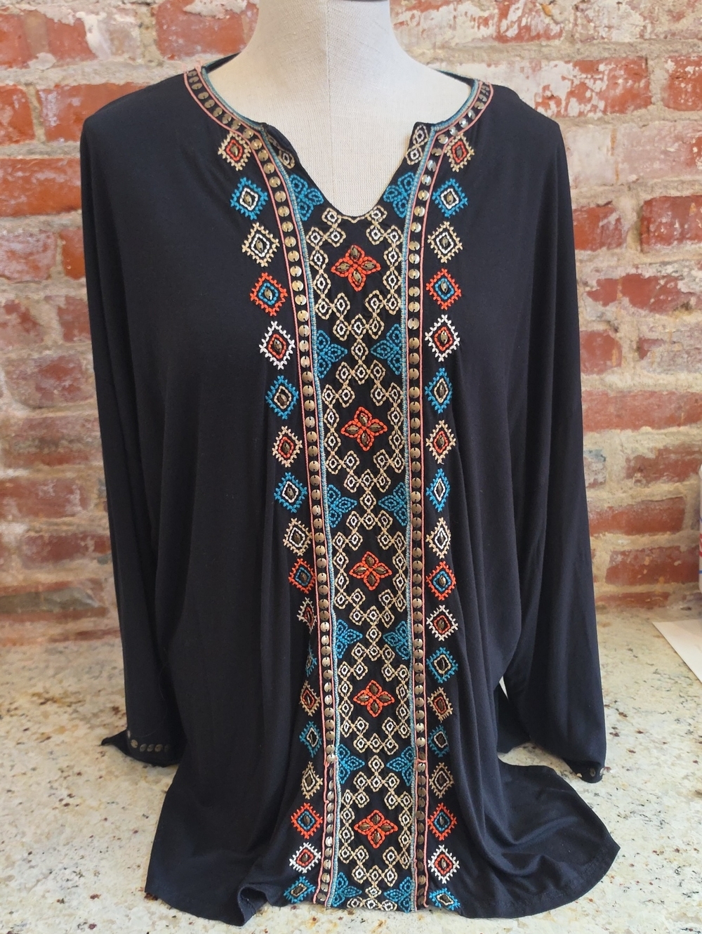 Embroidered Boho V-Neck Women's Top - Black with Multicolor Accents - 1802